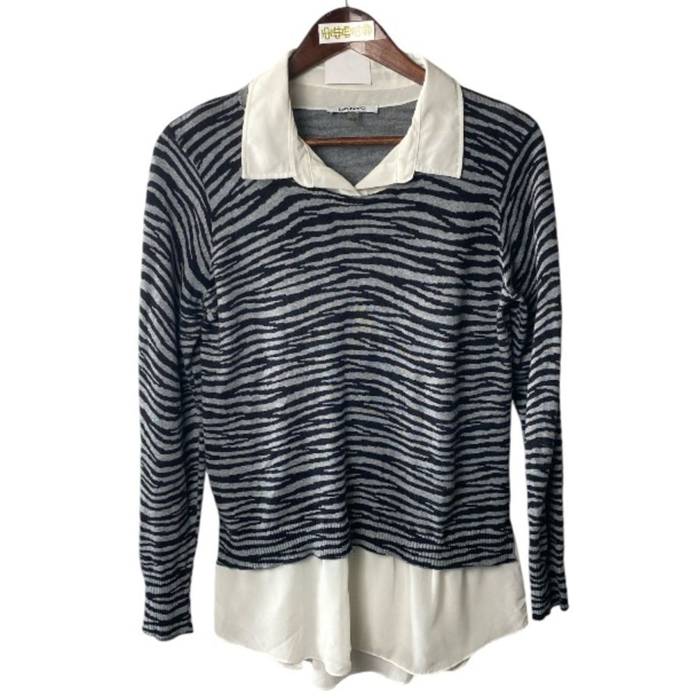 DKNY black grey white hem collared sweater  M